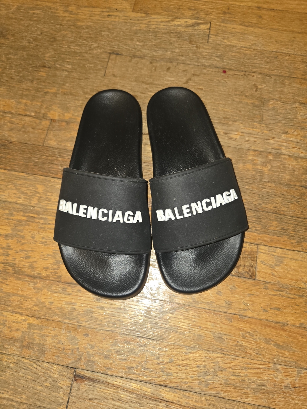 Balenciaga Black Slides with White Logo Strap